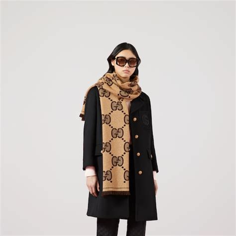 gucci gg wool jacquard scarf beige|silk Gucci scarf women.